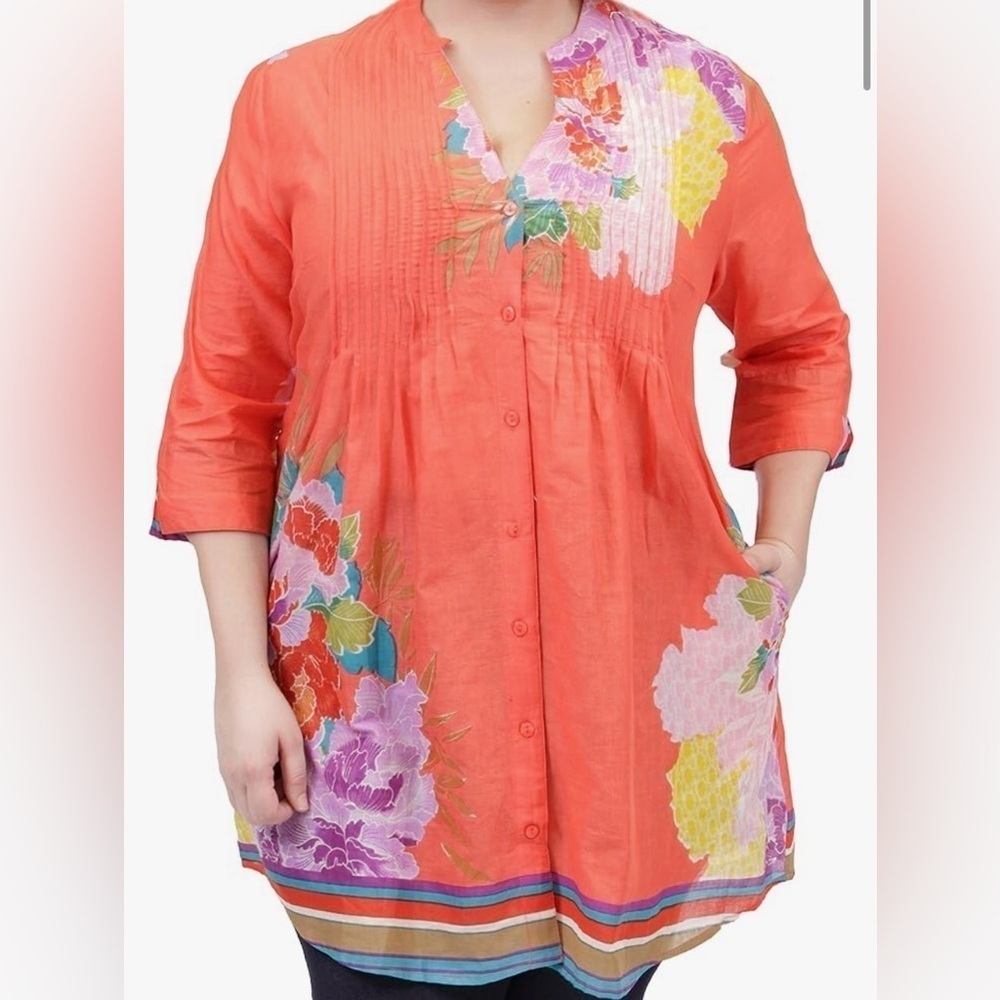 La Cera Floral Border Stripe Print Tunic Cotton Coral Red Size Large